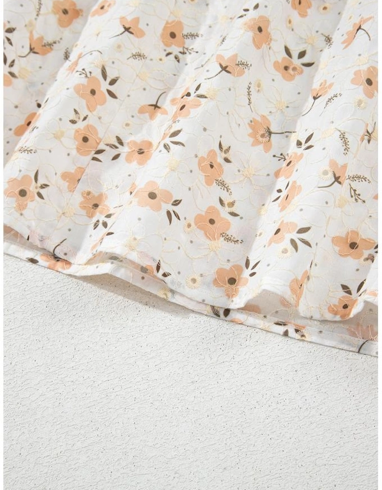 White Floral Eyelet Embroidered Puff Sleeve Notch V Neck Blouse