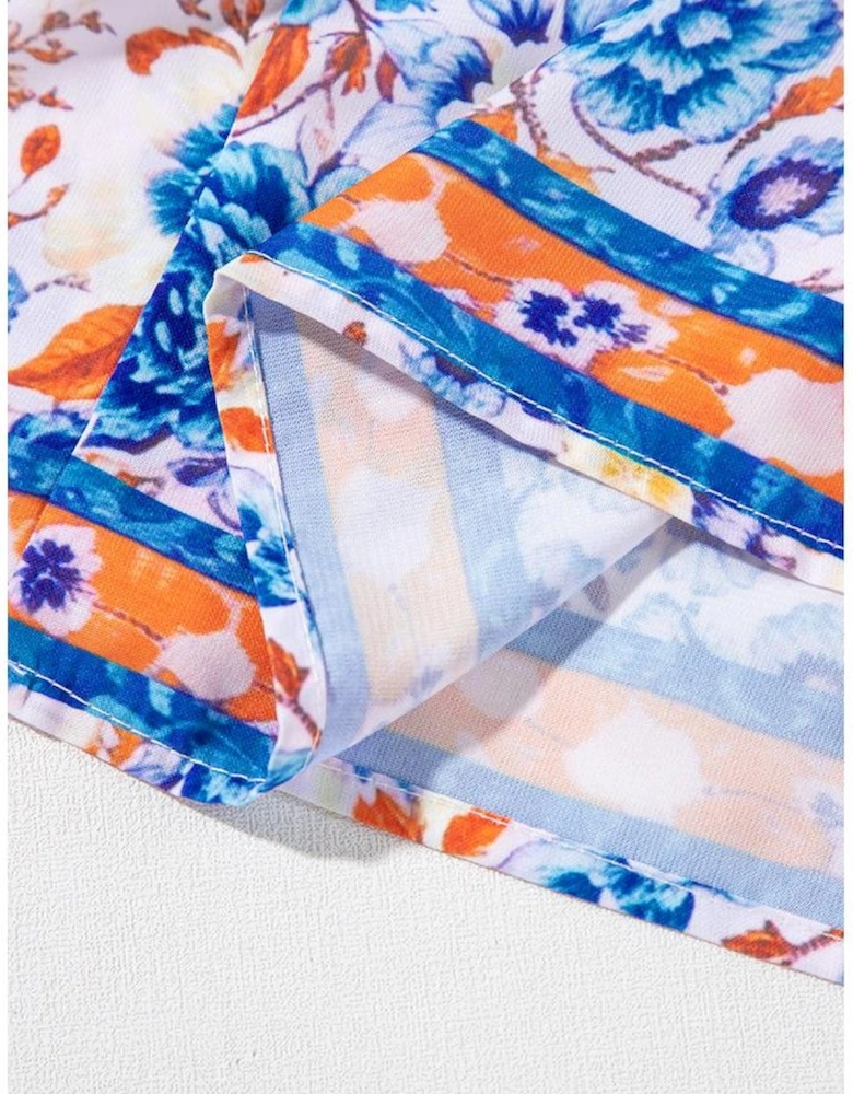 Sky Blue Mixed Floral Print Tie Split Neck Short Sleeve Dress