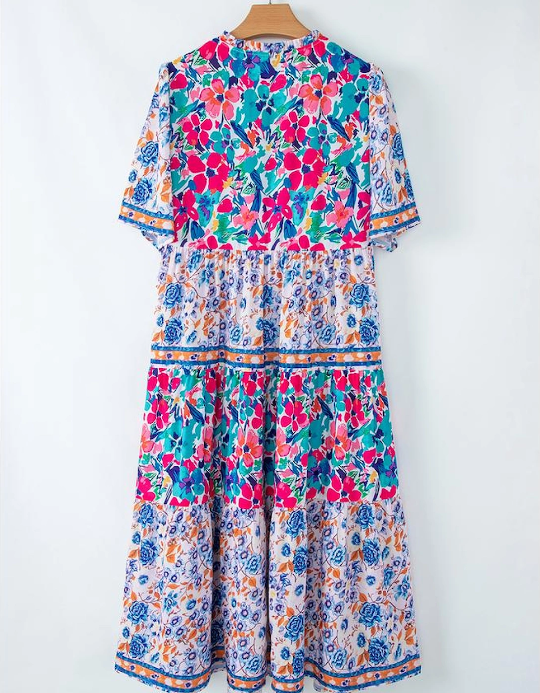 Sky Blue Mixed Floral Print Tie Split Neck Short Sleeve Dress