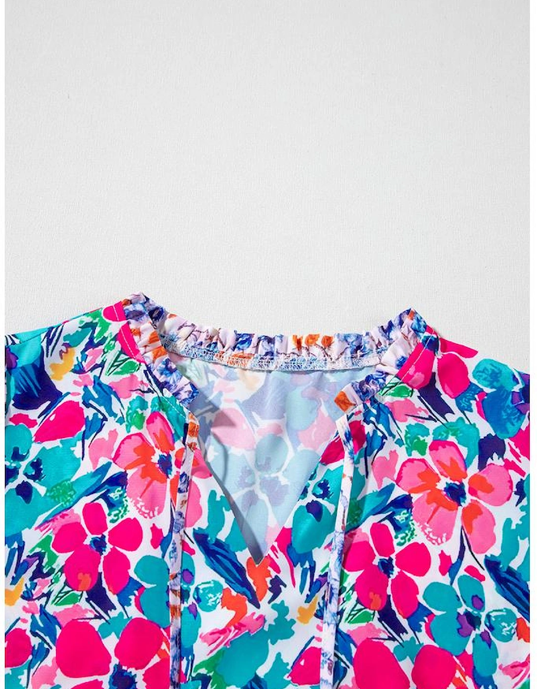 Sky Blue Mixed Floral Print Tie Split Neck Short Sleeve Dress