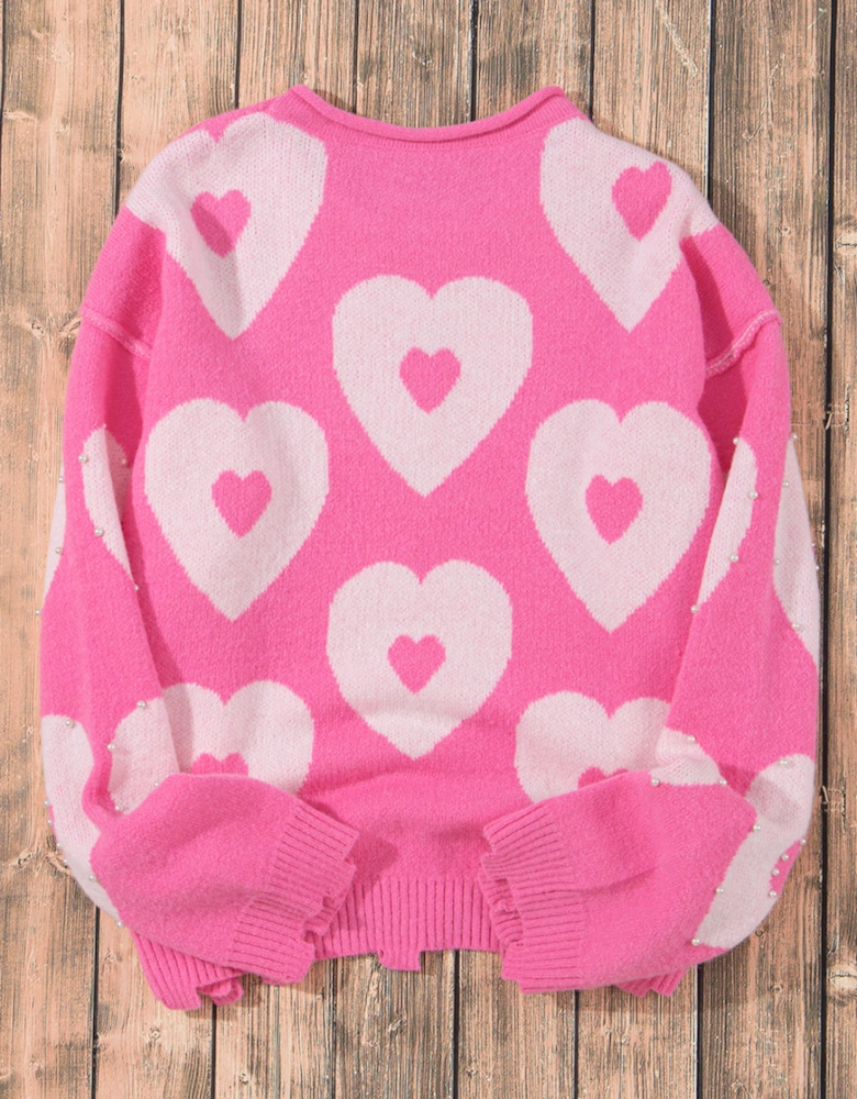 Bonbon Pearl Beaded Heart Drop Shoulder Sweater