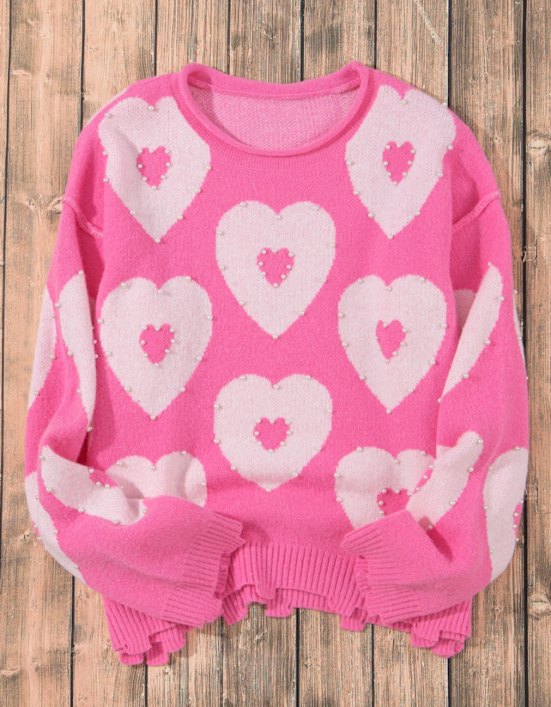 Bonbon Pearl Beaded Heart Drop Shoulder Sweater