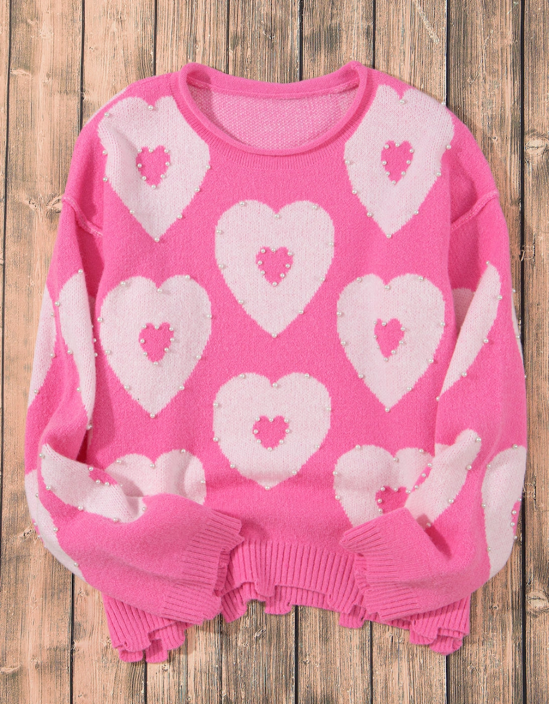 Bonbon Pearl Beaded Heart Drop Shoulder Sweater