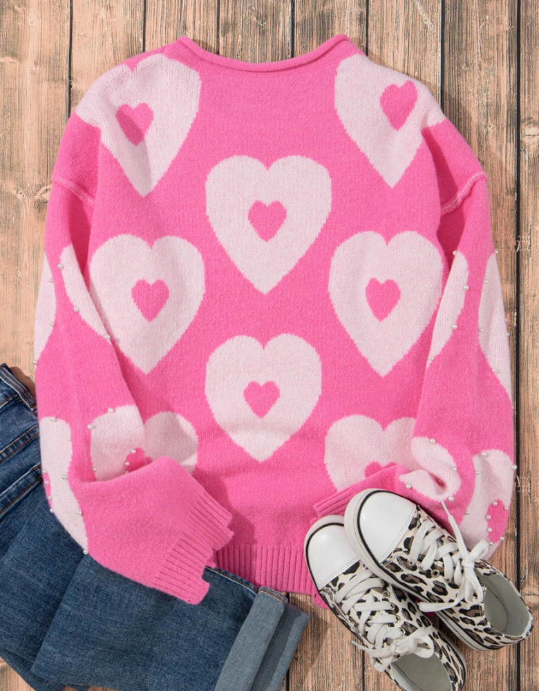 Bonbon Pearl Beaded Heart Drop Shoulder Sweater