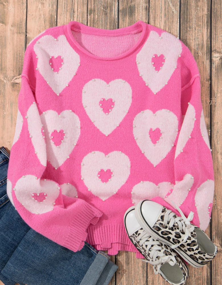 Bonbon Pearl Beaded Heart Drop Shoulder Sweater