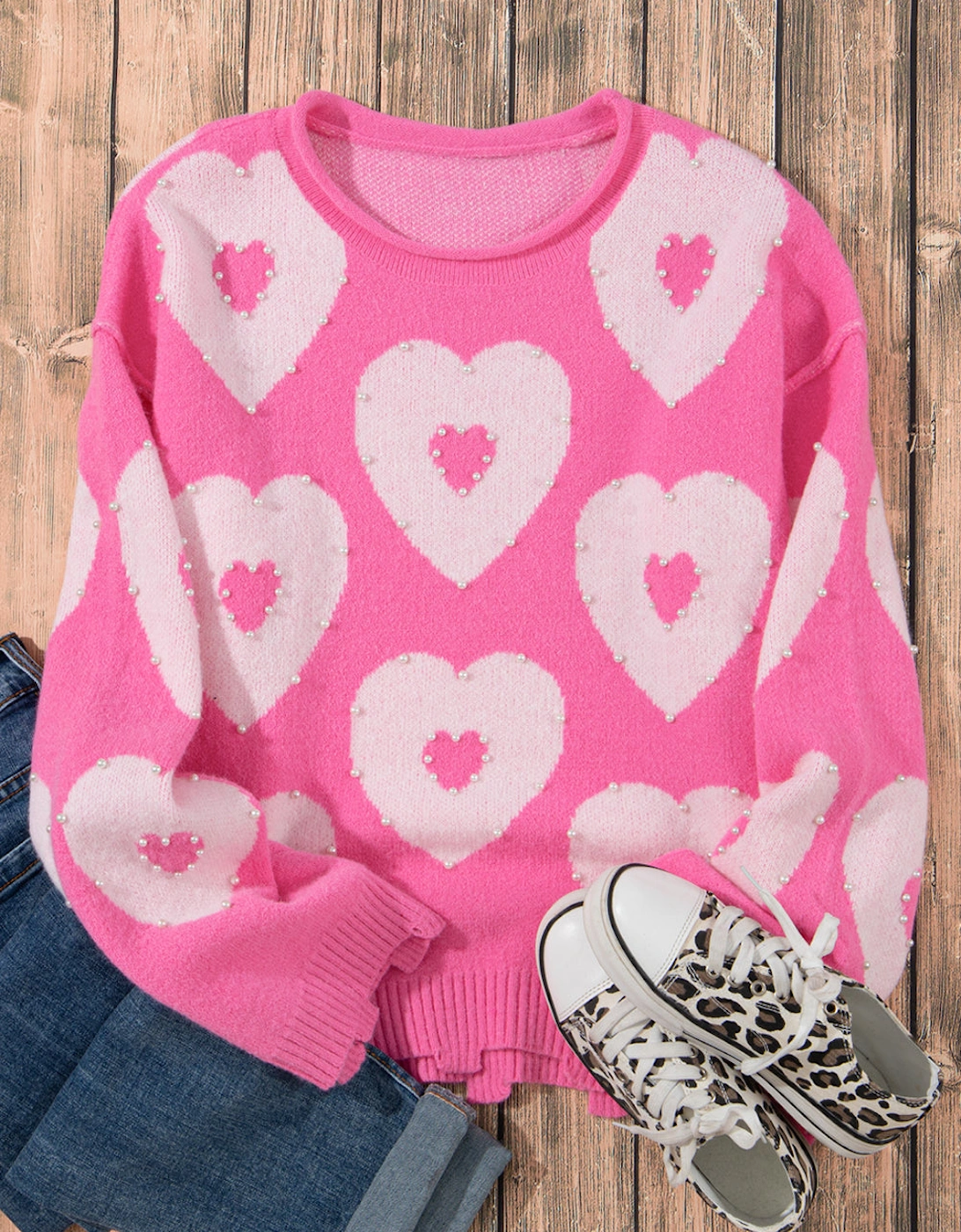 Bonbon Pearl Beaded Heart Drop Shoulder Sweater