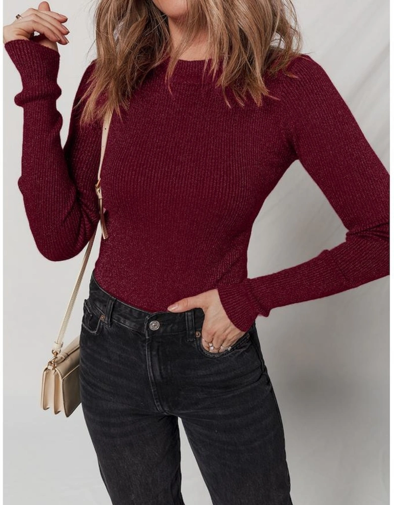 Red Dahlia Metal Ribbed Knit Long Sleeve Slim Fit Top