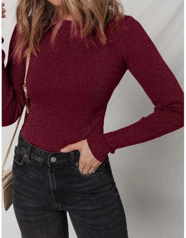 Red Dahlia Metal Ribbed Knit Long Sleeve Slim Fit Top