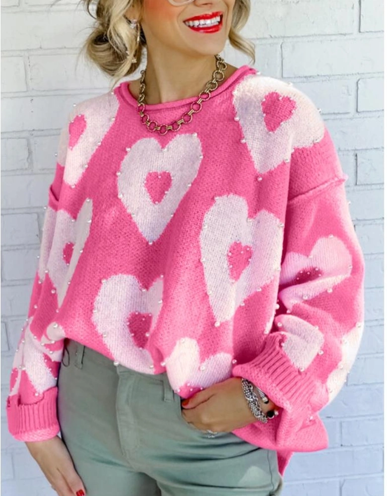Bonbon Pearl Beaded Heart Drop Shoulder Sweater