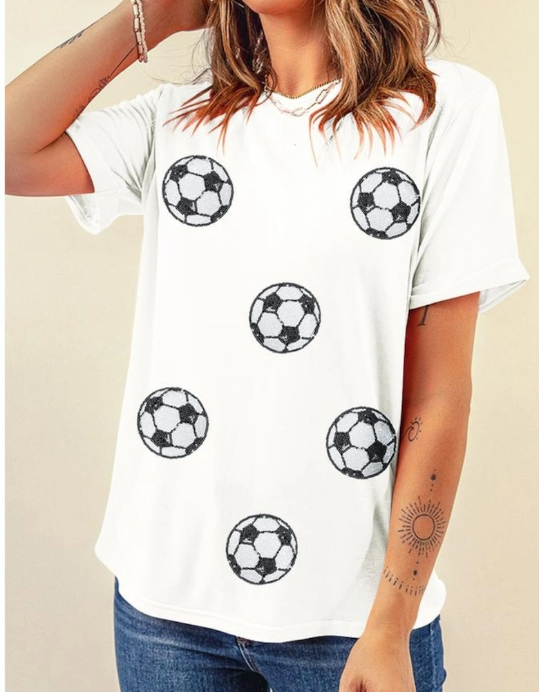 White Sequin Football Patched Graphic Game Day T Shirt