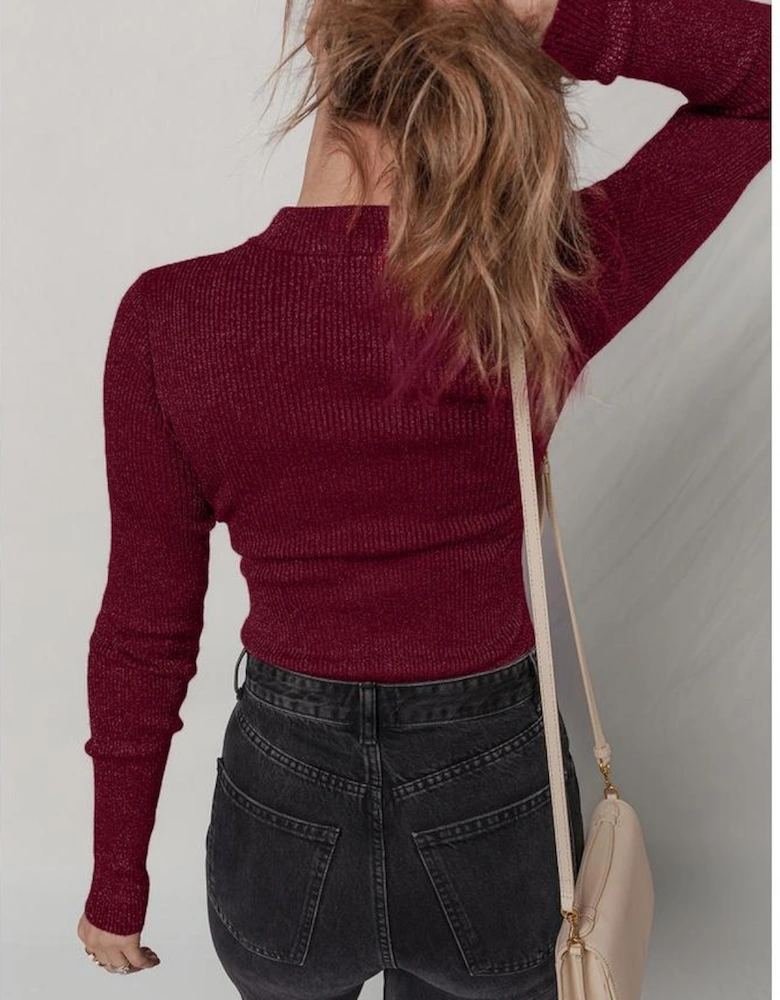 Red Dahlia Metal Ribbed Knit Long Sleeve Slim Fit Top