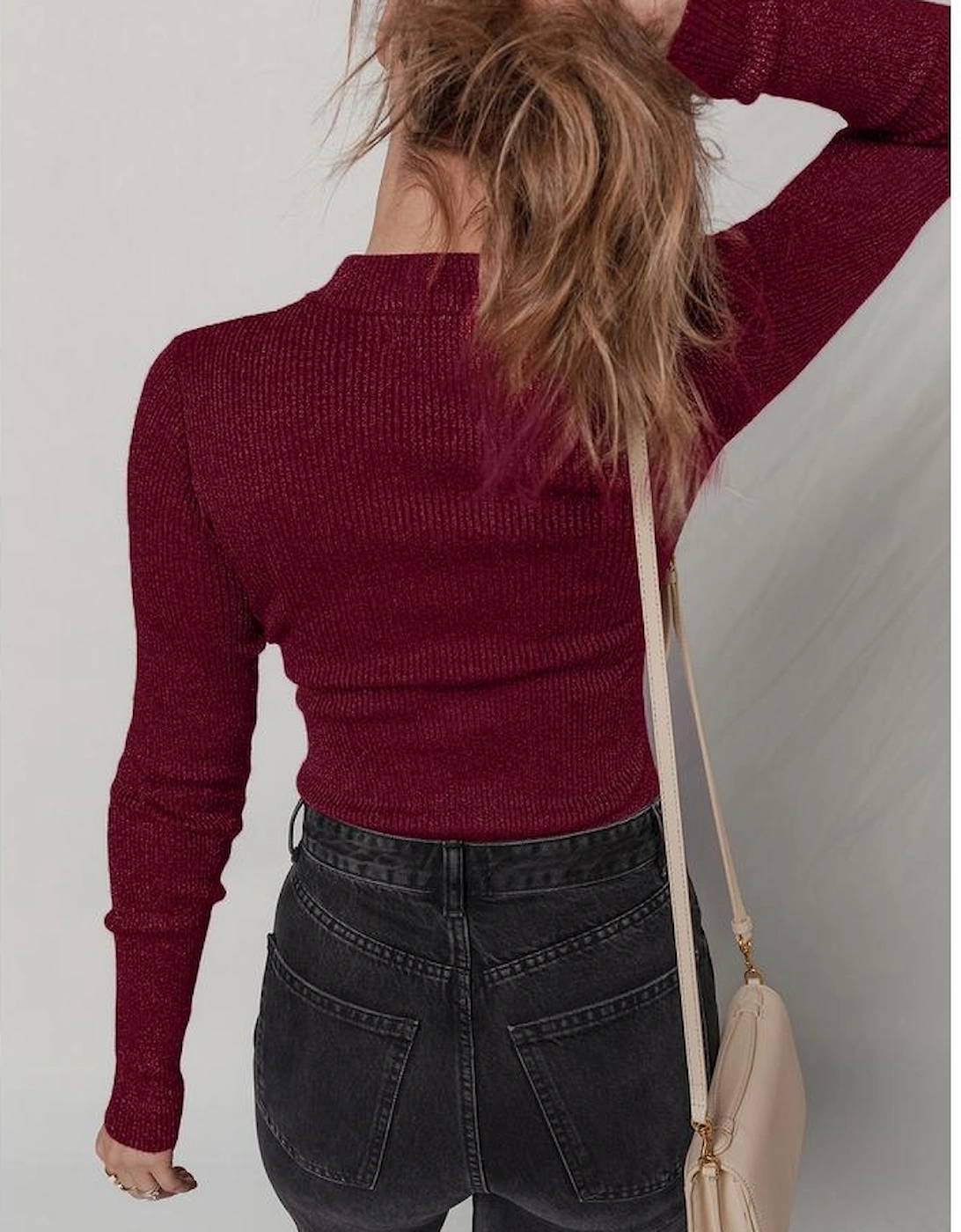 Red Dahlia Metal Ribbed Knit Long Sleeve Slim Fit Top