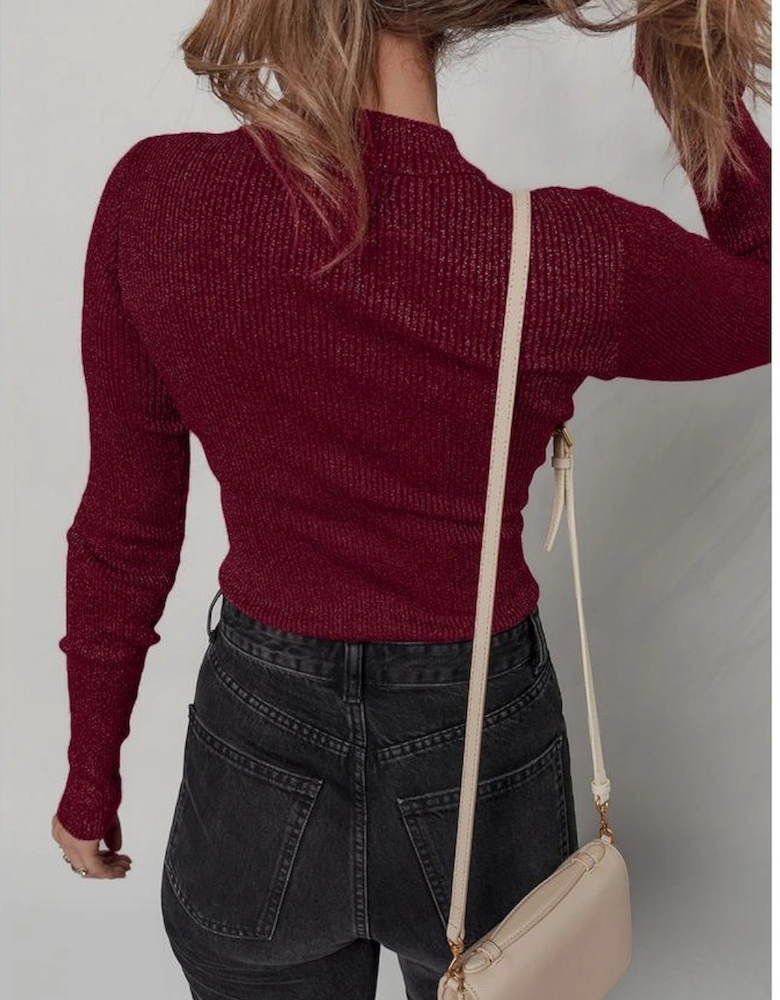 Red Dahlia Metal Ribbed Knit Long Sleeve Slim Fit Top