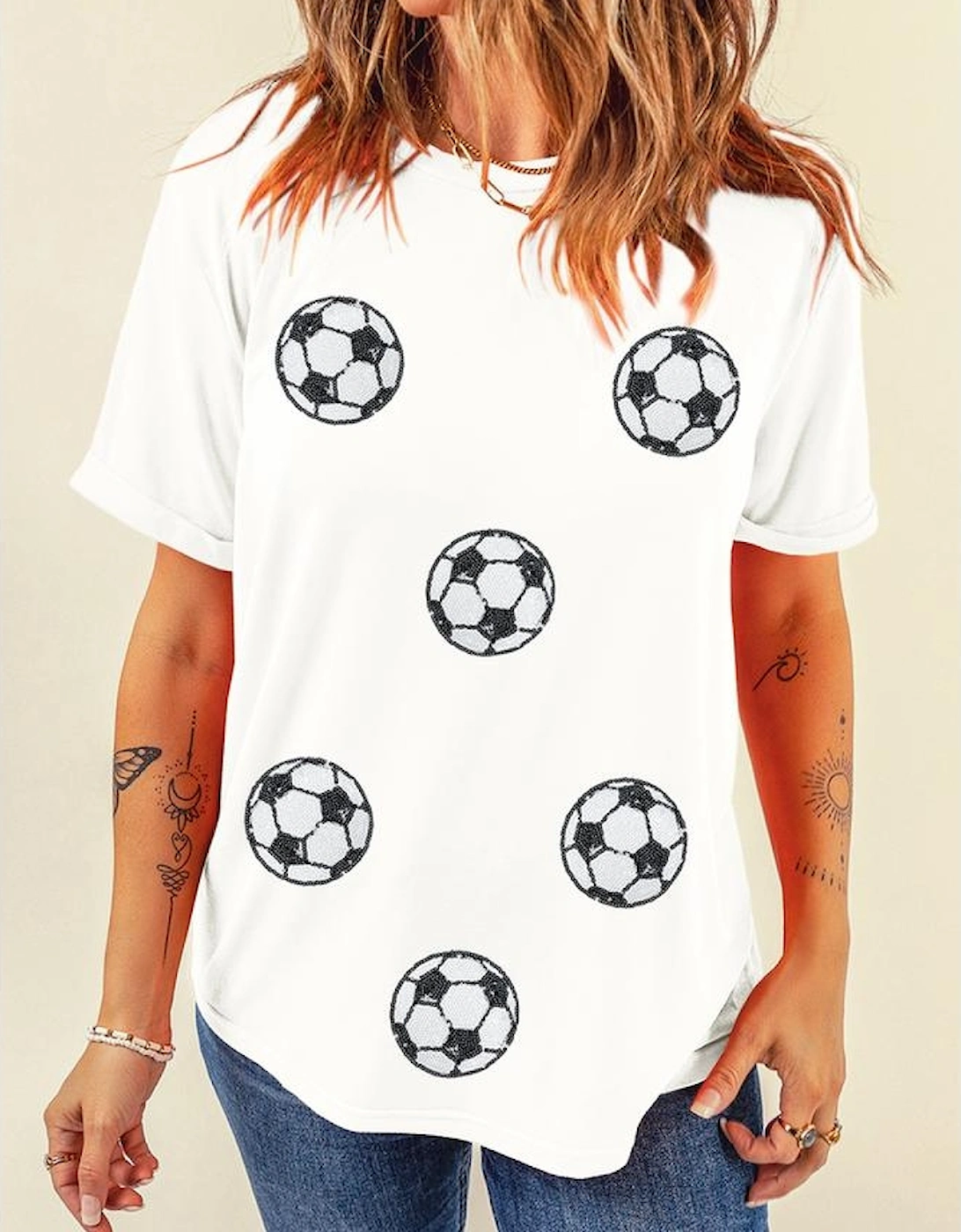 White Sequin Football Patched Graphic Game Day T Shirt
