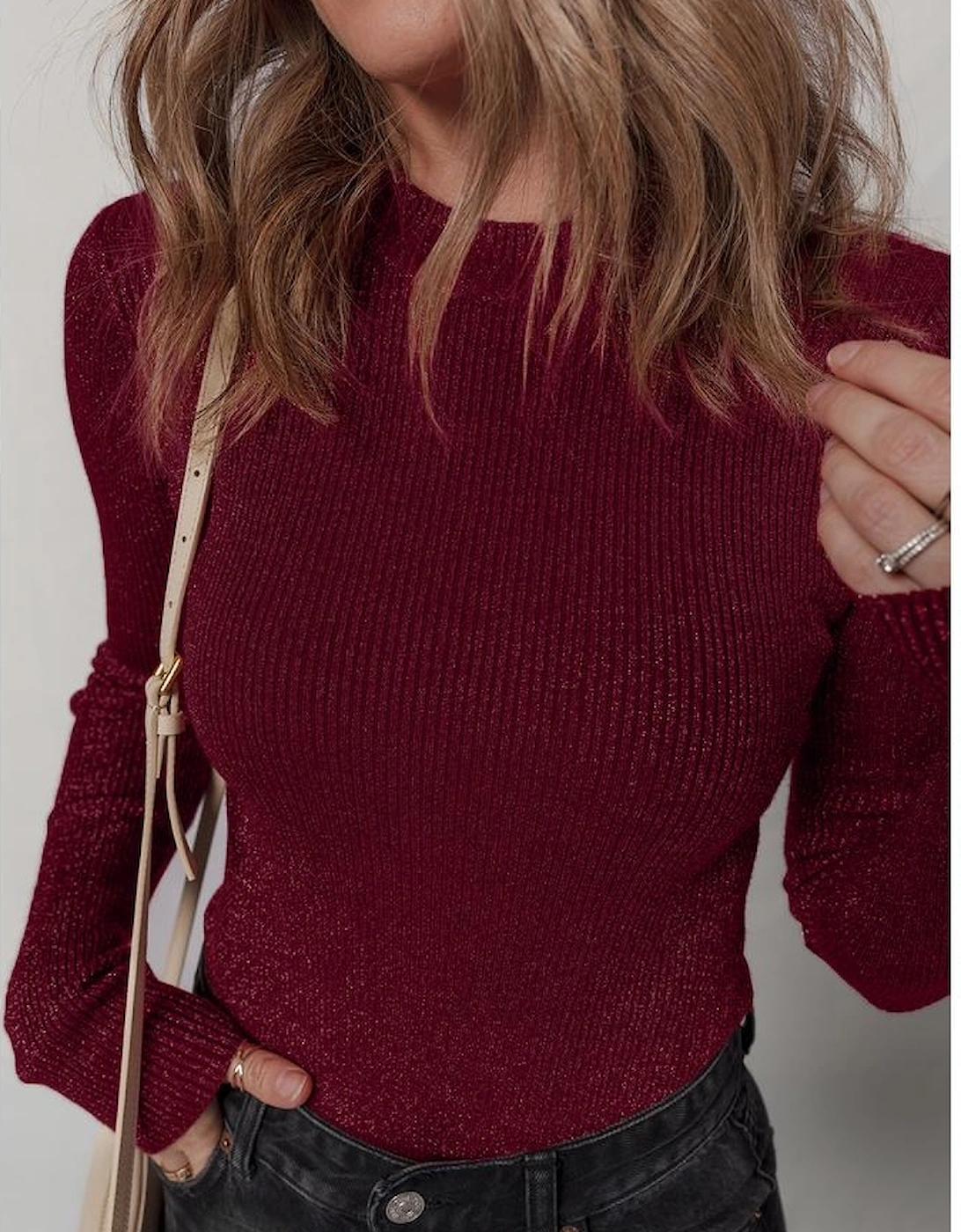 Red Dahlia Metal Ribbed Knit Long Sleeve Slim Fit Top