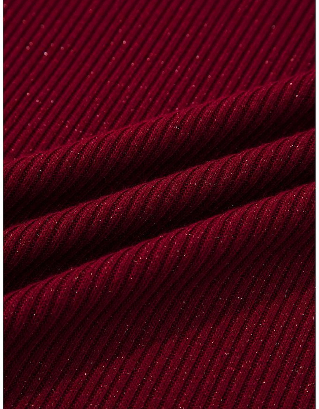 Red Dahlia Metal Ribbed Knit Long Sleeve Slim Fit Top