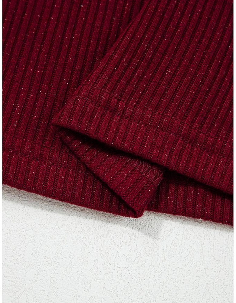 Red Dahlia Metal Ribbed Knit Long Sleeve Slim Fit Top