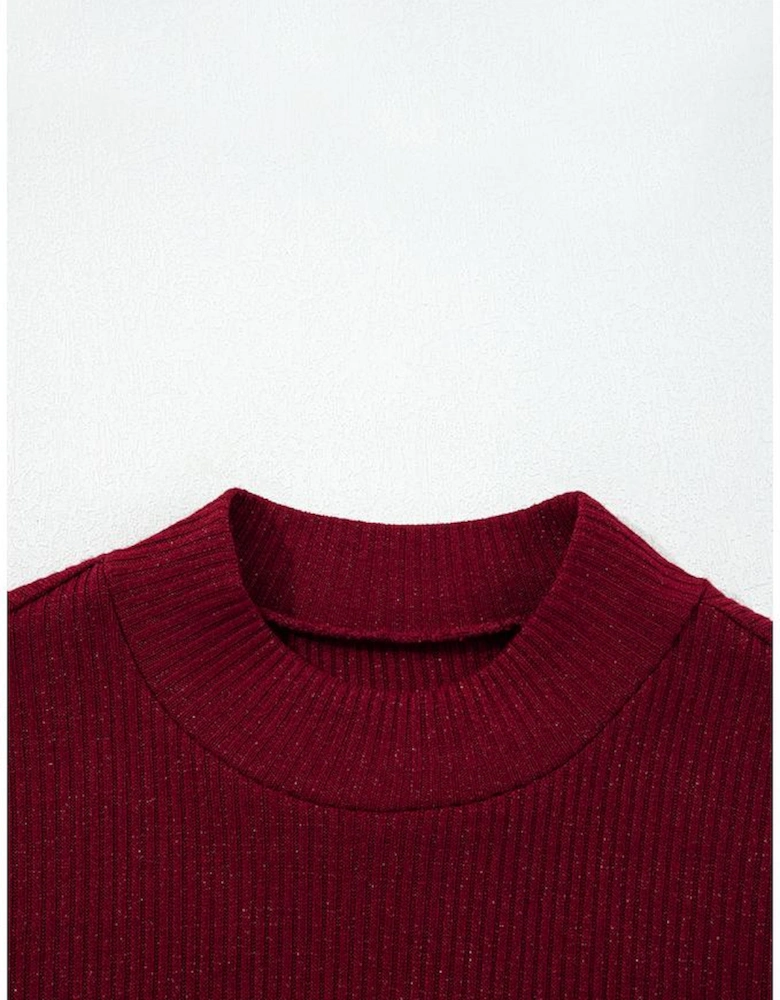 Red Dahlia Metal Ribbed Knit Long Sleeve Slim Fit Top