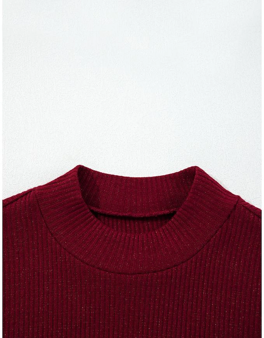 Red Dahlia Metal Ribbed Knit Long Sleeve Slim Fit Top