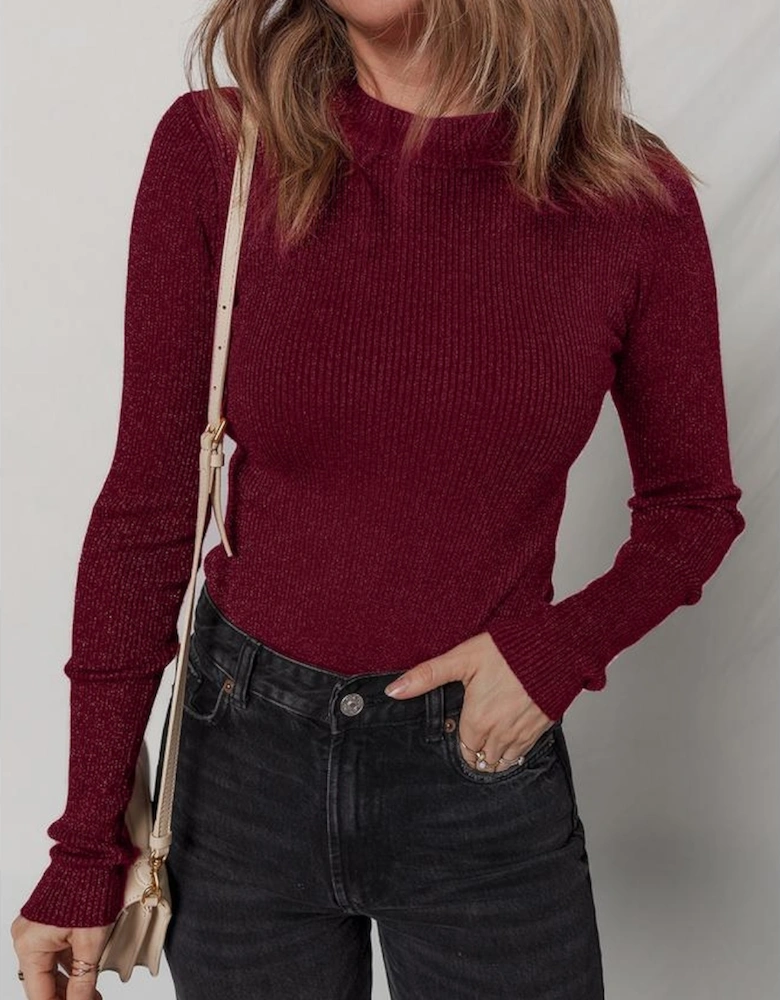 Red Dahlia Metal Ribbed Knit Long Sleeve Slim Fit Top