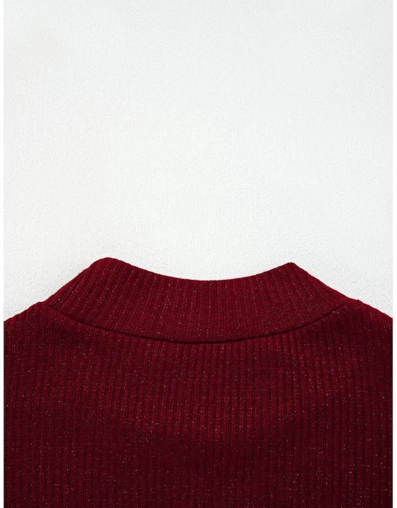 Red Dahlia Metal Ribbed Knit Long Sleeve Slim Fit Top