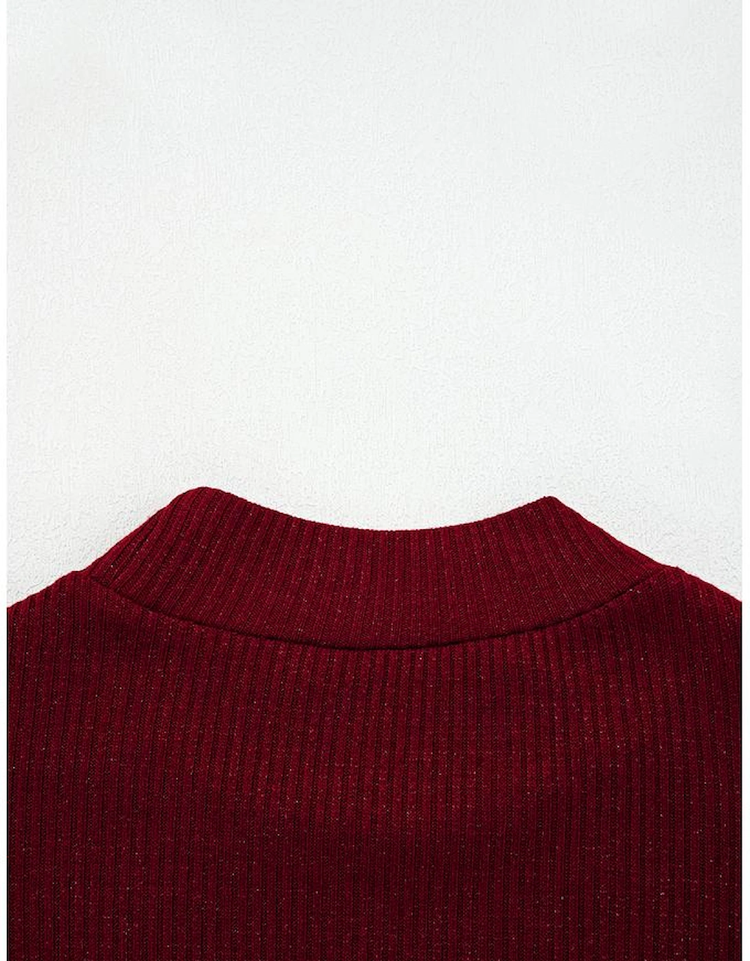 Red Dahlia Metal Ribbed Knit Long Sleeve Slim Fit Top