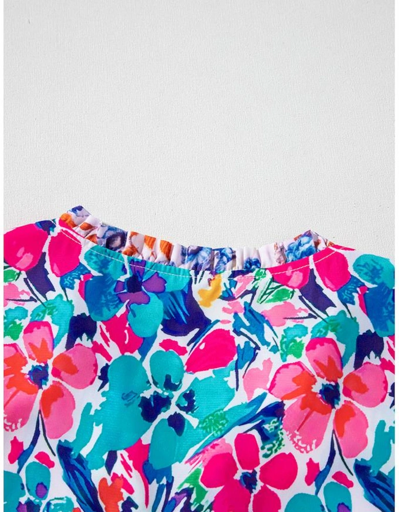 Sky Blue Mixed Floral Print Tie Split Neck Short Sleeve Dress