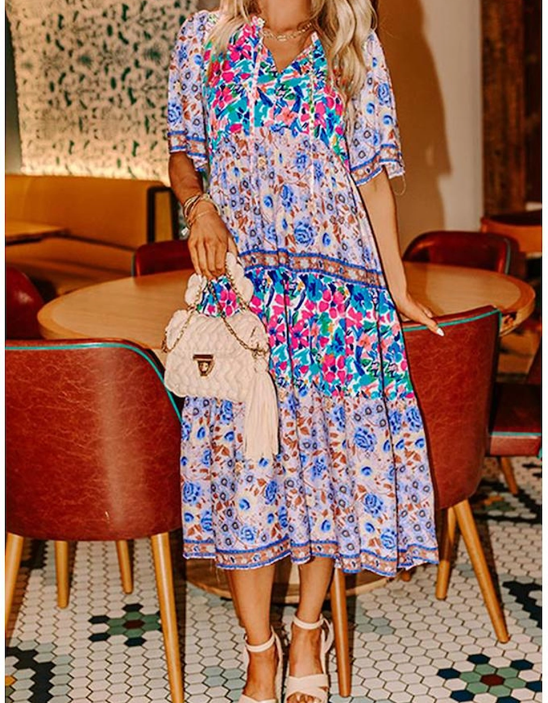 Sky Blue Mixed Floral Print Tie Split Neck Short Sleeve Dress