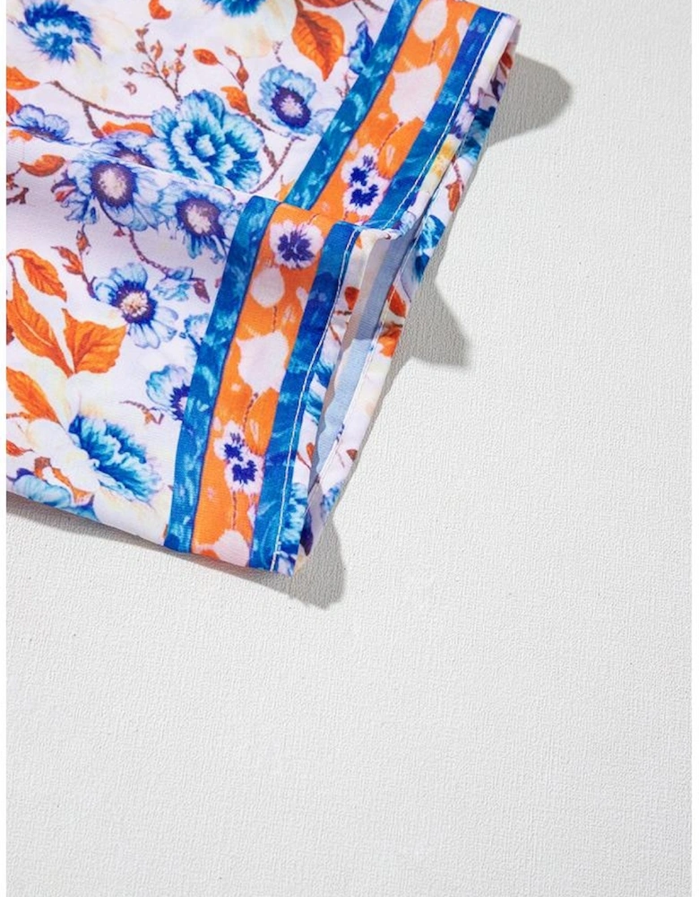 Sky Blue Mixed Floral Print Tie Split Neck Short Sleeve Dress