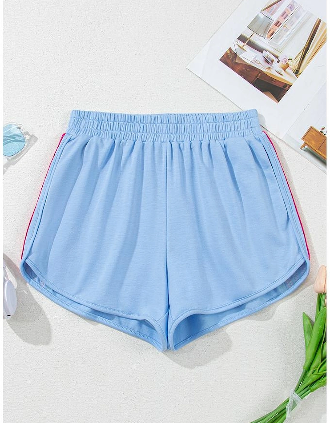Beau Blue Color Block Stripes Elastic High Waist Active Shorts
