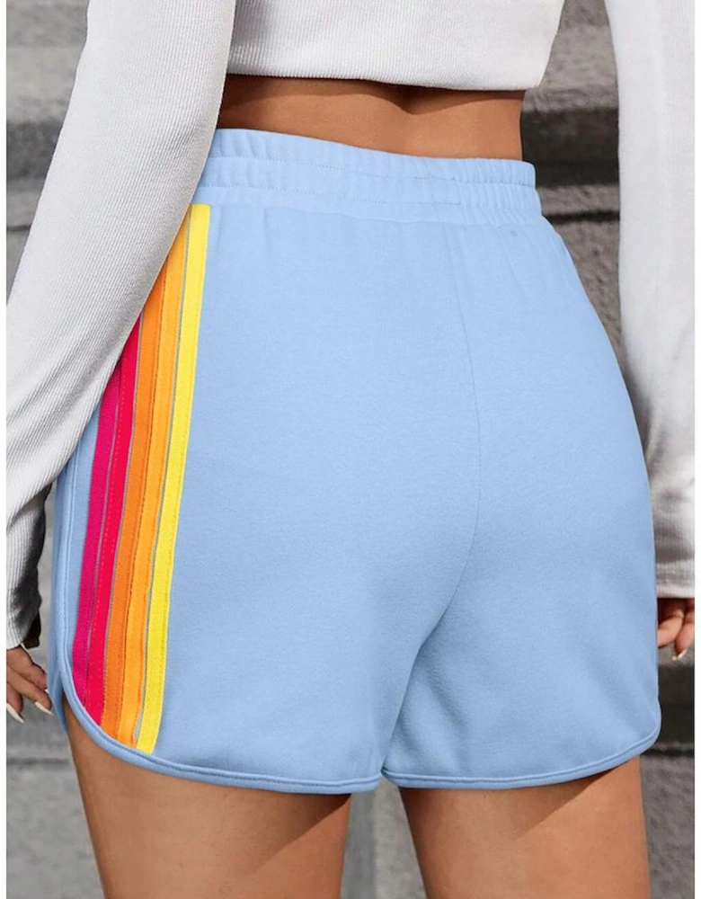 Beau Blue Color Block Stripes Elastic High Waist Active Shorts