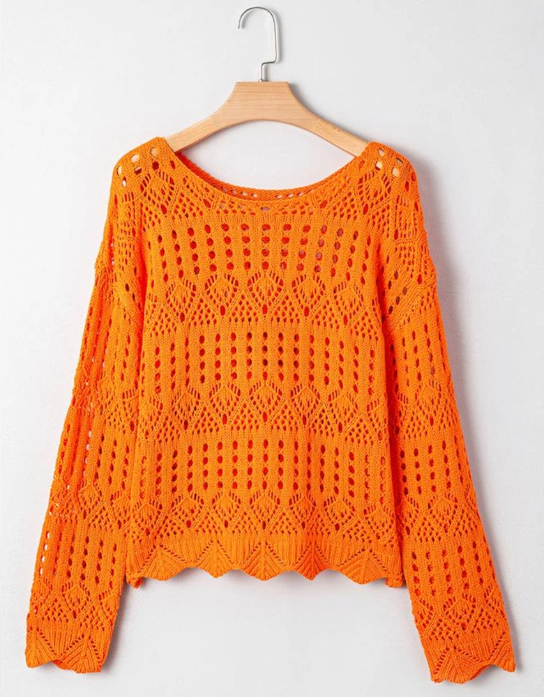 Carrot Solid Color Open Crochet Scallop Edge Sweater