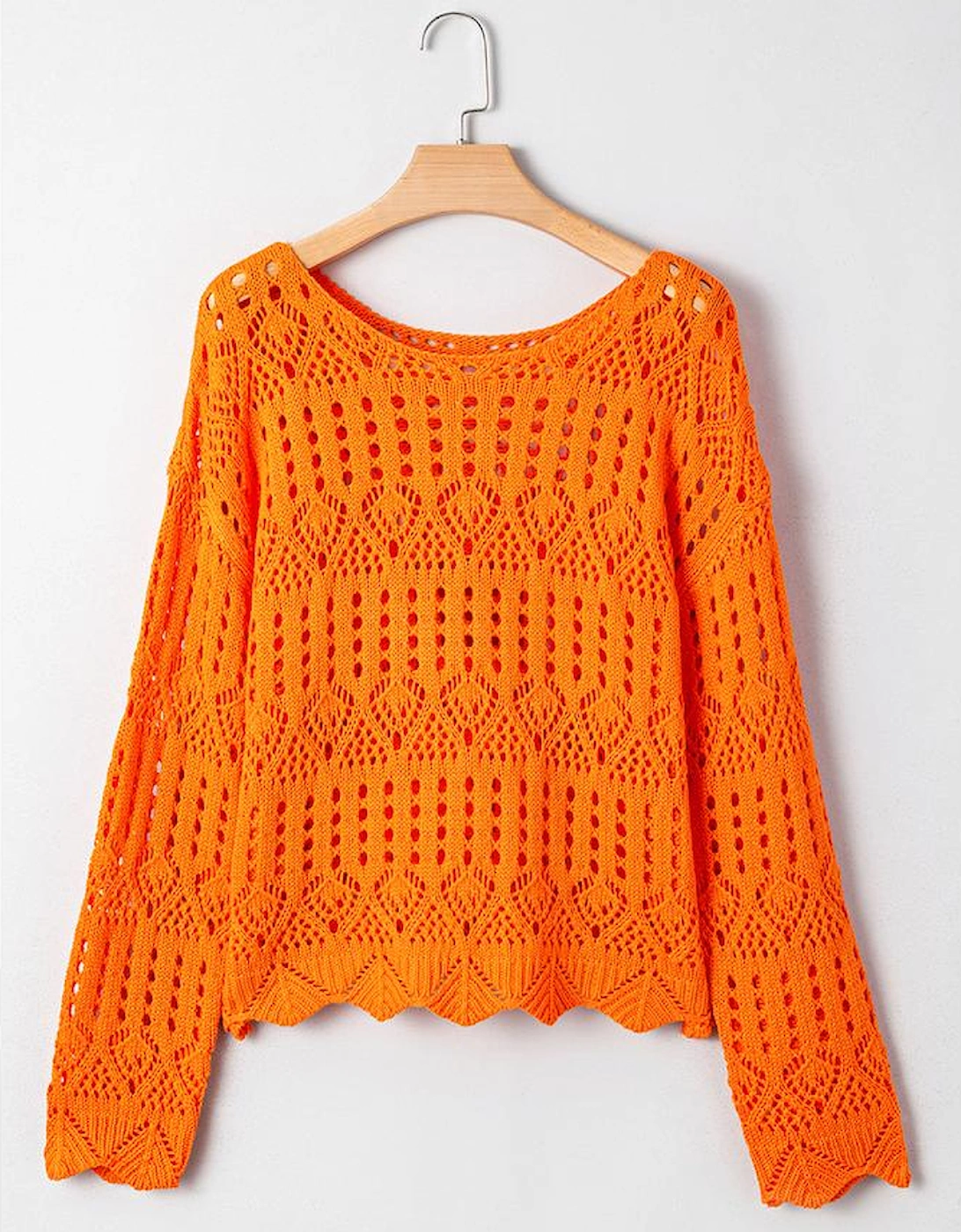 Carrot Solid Color Open Crochet Scallop Edge Sweater