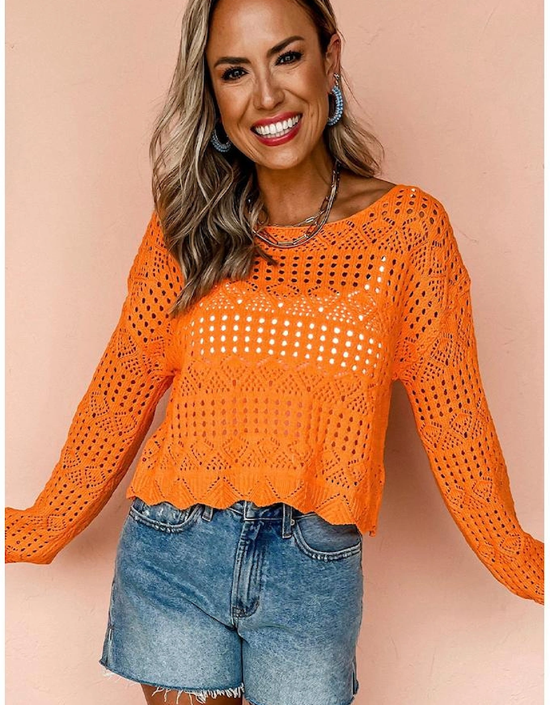 Carrot Solid Color Open Crochet Scallop Edge Sweater