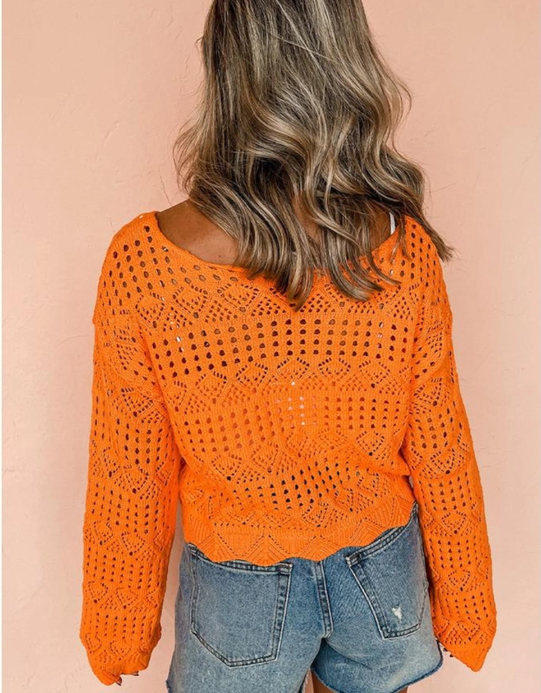 Carrot Solid Color Open Crochet Scallop Edge Sweater