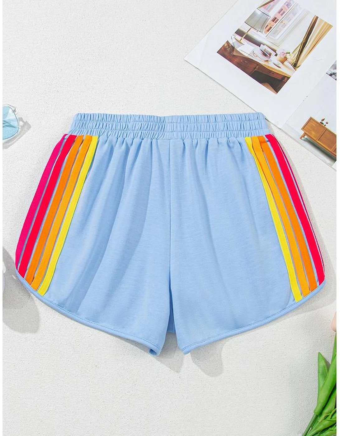 Beau Blue Color Block Stripes Elastic High Waist Active Shorts