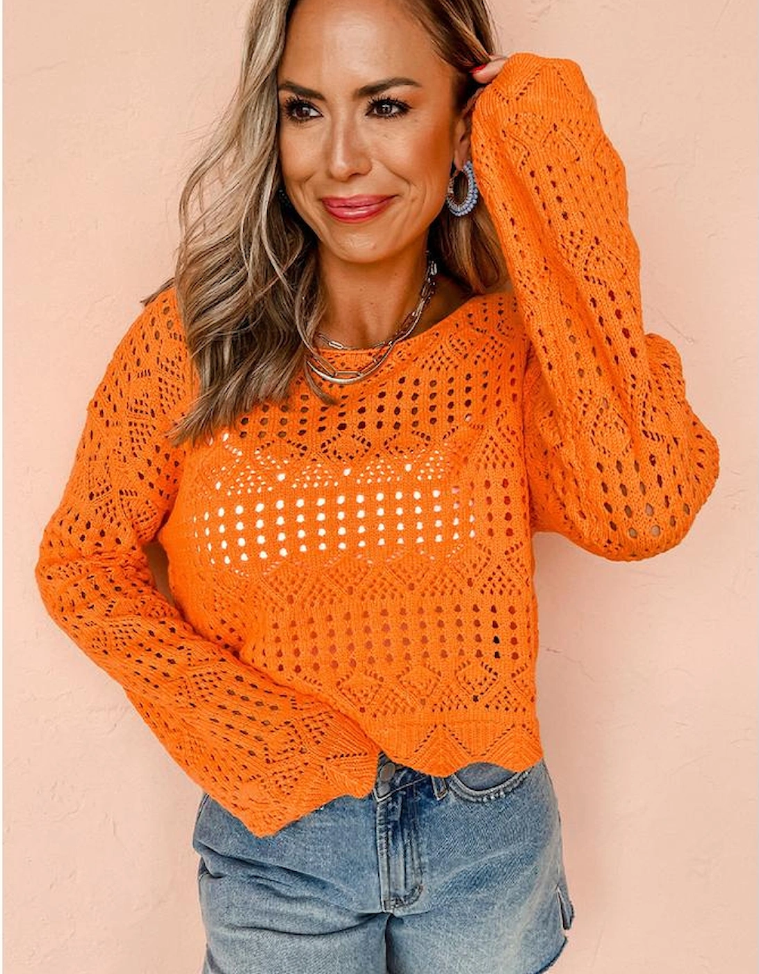 Carrot Solid Color Open Crochet Scallop Edge Sweater