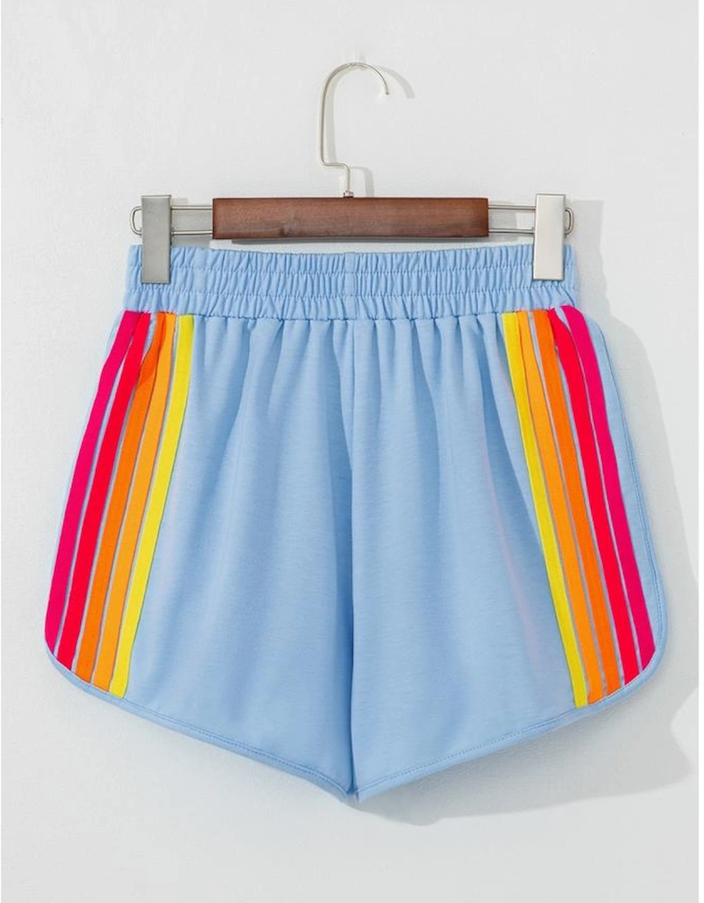 Beau Blue Color Block Stripes Elastic High Waist Active Shorts