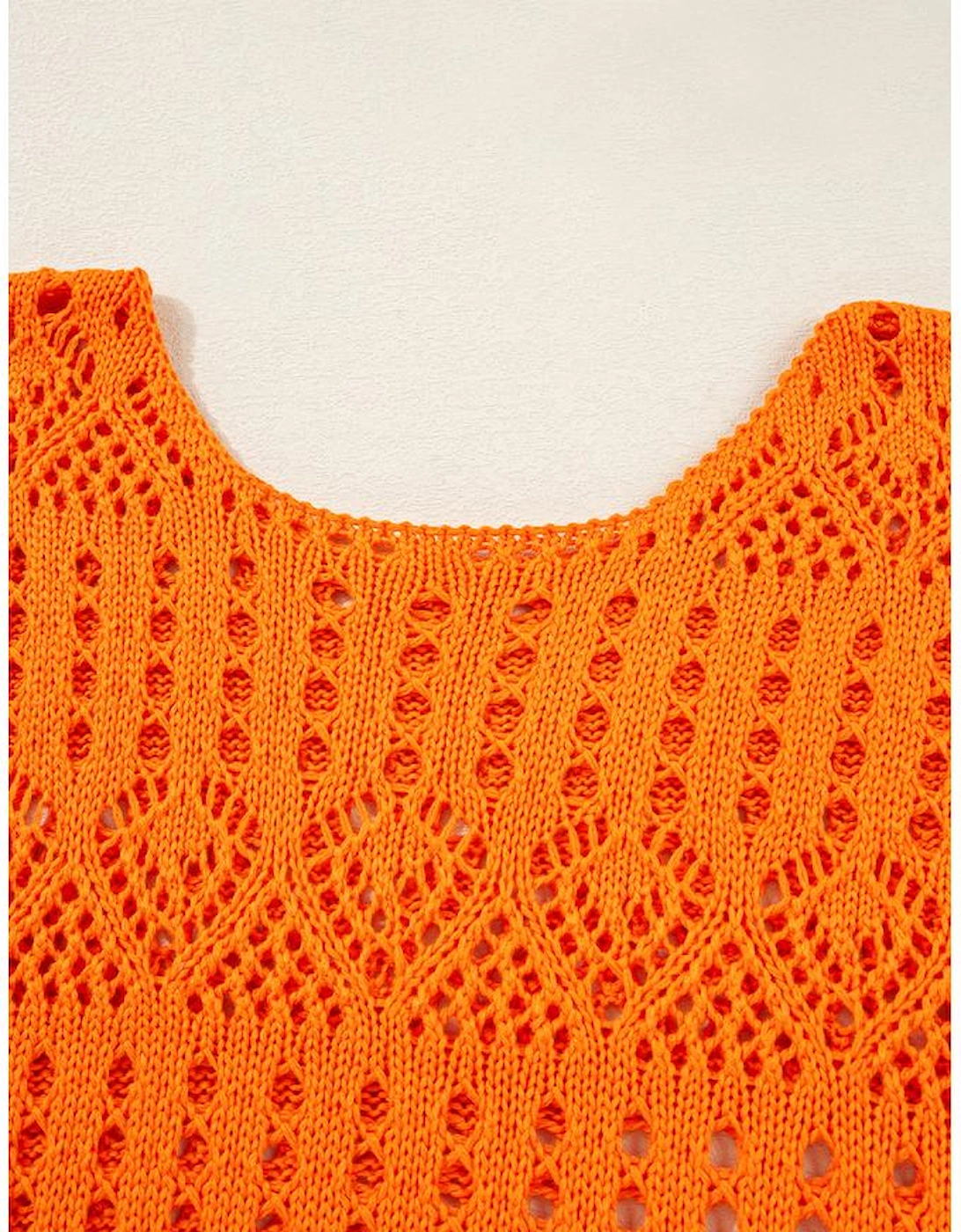 Carrot Solid Color Open Crochet Scallop Edge Sweater