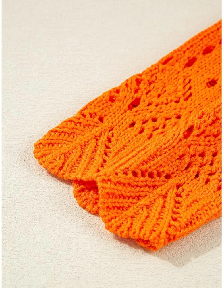Carrot Solid Color Open Crochet Scallop Edge Sweater