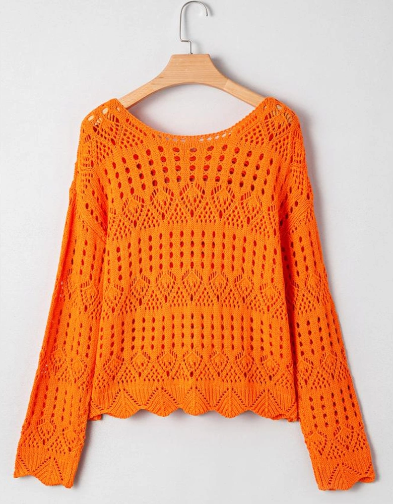Carrot Solid Color Open Crochet Scallop Edge Sweater