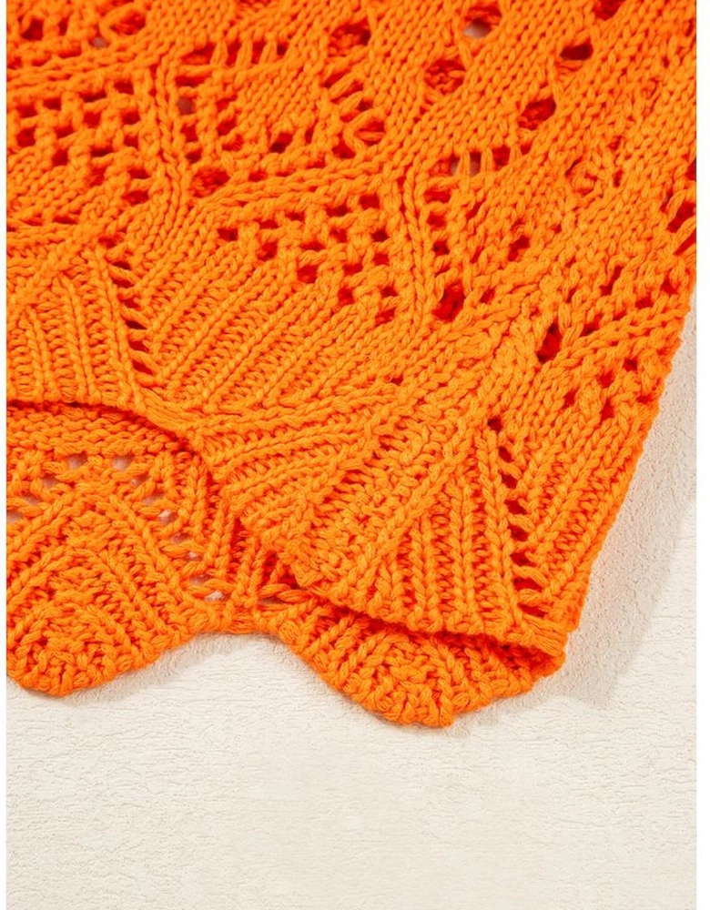 Carrot Solid Color Open Crochet Scallop Edge Sweater