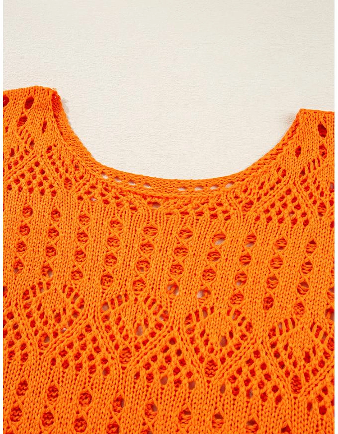 Carrot Solid Color Open Crochet Scallop Edge Sweater