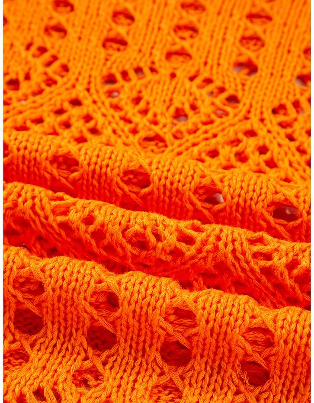 Carrot Solid Color Open Crochet Scallop Edge Sweater