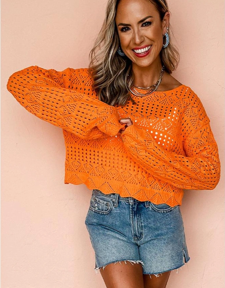 Carrot Solid Color Open Crochet Scallop Edge Sweater