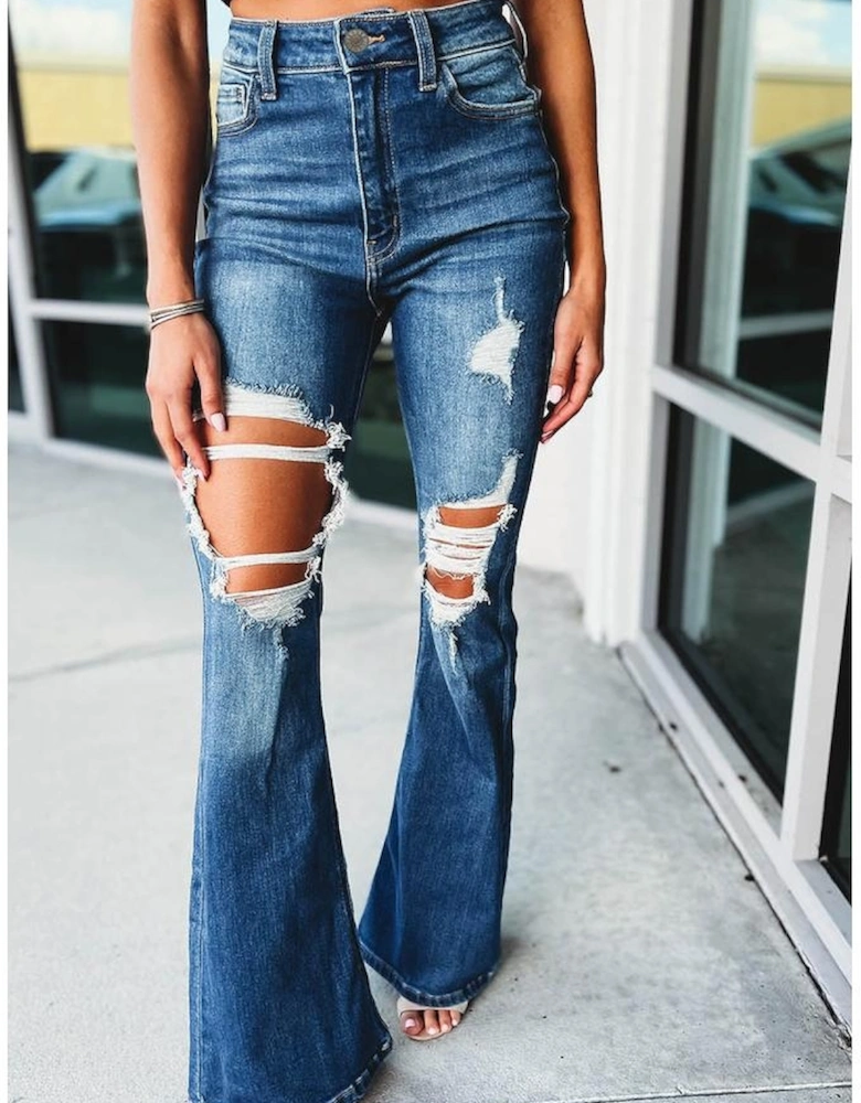 Blue High Waist Distressed Cutout Flare Leg Jeans