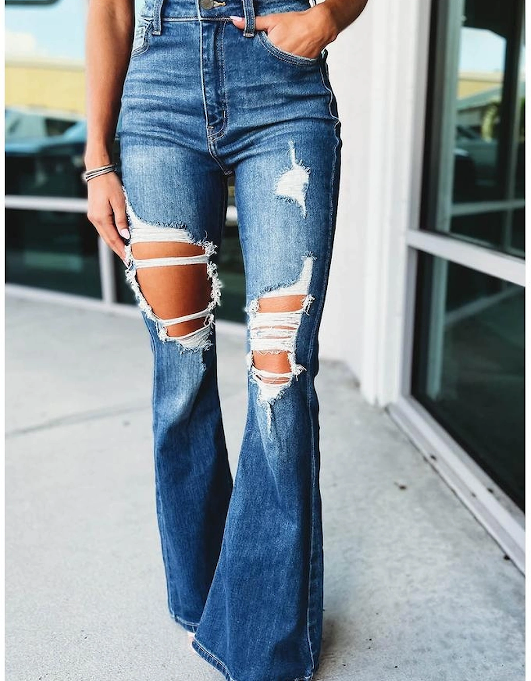 Blue High Waist Distressed Cutout Flare Leg Jeans