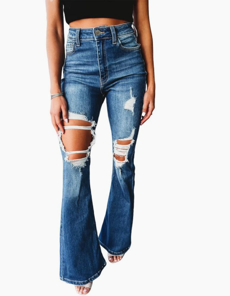 Blue High Waist Distressed Cutout Flare Leg Jeans
