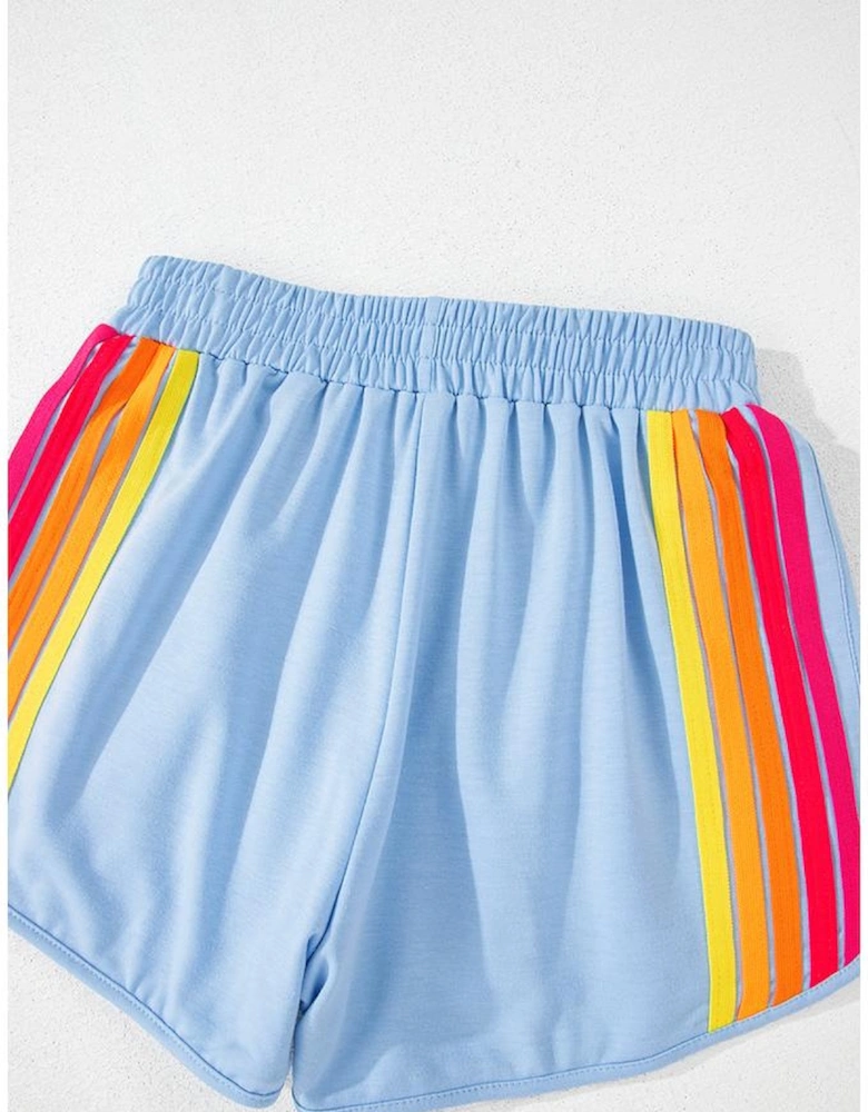 Beau Blue Color Block Stripes Elastic High Waist Active Shorts
