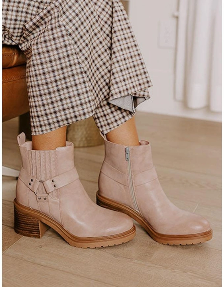 Beige Ring Linked Zipper Chunky Heel Ankle Boots